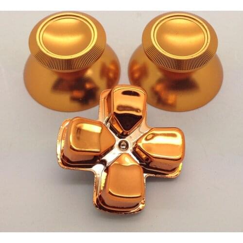 Custom Metal Gold Thumbsticks Analogue Thumb Grips with Gold Chrome D-pad for Sony Playstation 4 PS4 Controllers