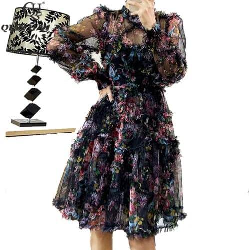 Qian Han Zi Fashion Summer Womens Dress 2021 vintage Mesh printing Ruffle Elegant Flounced edge slim dress