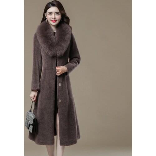 Fur Coat Womens Winter Sheep Sheared Coats 2019 Middle-aged Mother With Fox Fur Collar Overcoat Long Female Winter Jacket 1651