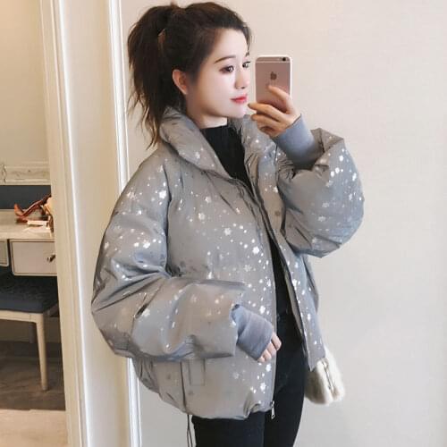 Style Quilted Cloth Silver Color Snowflake Short Waterproof Bright Surface Jacket Woman Cotton Dress Large Size