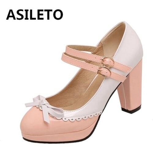 ASILETO New 2021 Ladies Pumps Round Toe 9.5cm Block Heels Buckle Bowtie Platform Patent Leather Patchwork Stylish Summer S2132