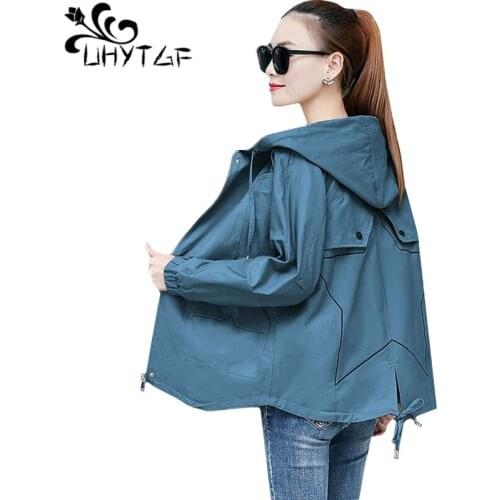 UHYTGF 4XL plus size coats elegant women clothes Pure color wild spring autumn trench coat for women Hooded casual short top 429