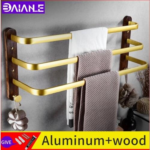 Bathroom walnut towel rack shower waterproof wall mount screw free installation Three towel bar brushed gold bathroom accessorie
