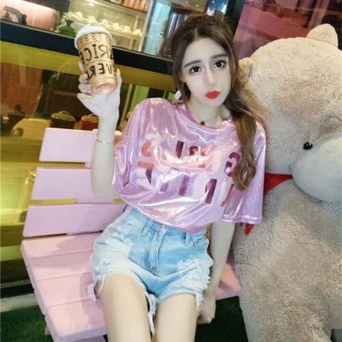 Korean Fashion Loose Bright Silk Letters Pink Short-sleeved Round Neck T-shirt Women 2021 Summer New Casual Tops Tees