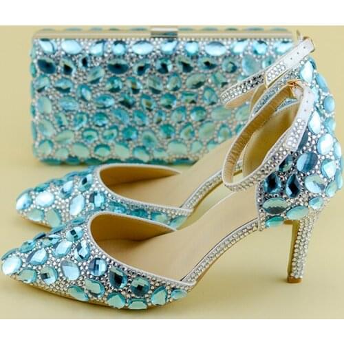 Ladies Shoes 8cm High Sky Blue Heel Women Matched Bag For Party Evening Dress Shoe Customize Birthday Girls TV Program Show