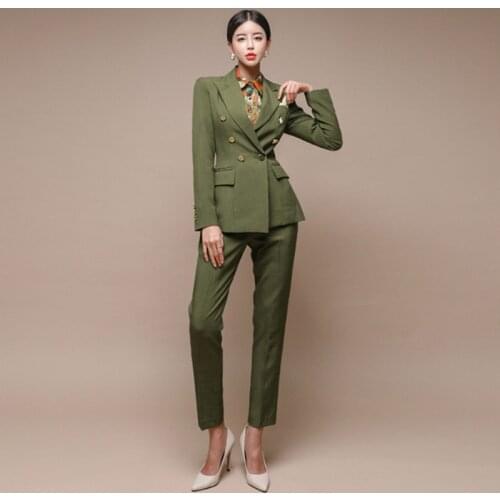 2 Piece Set Women Fashion Double-breasted Blazer Set Slim Business Jacket Pant Office Lady Work Pant Suits Female 2020 Spring