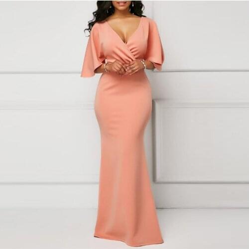 New Elegant Coral Mermaid Sexy Plunge V Neckline Mother of the Bride Dresses Three Quarter Sleeve Wedding Guest Gowns 2020