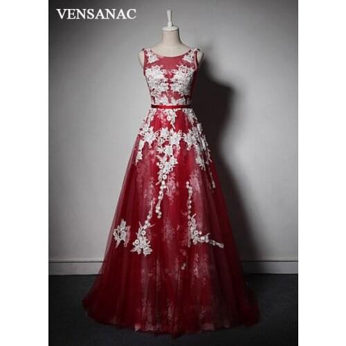 VENSANAC 2018 A Line Lace Flowers Appliques Long Evening Dresses Elegant O Neck Party Sash Backless Prom Gowns