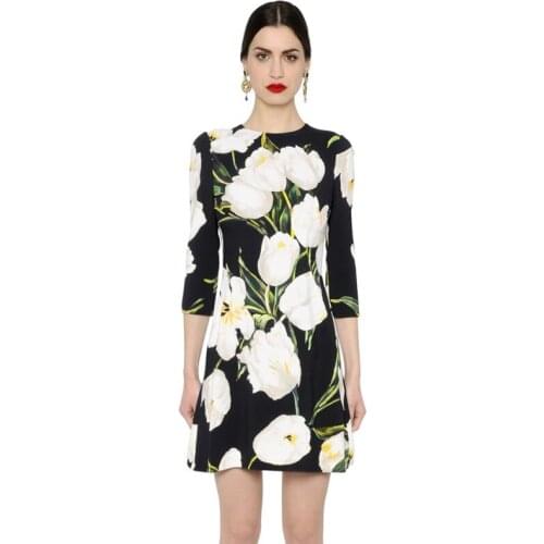 2016 Autumn Fashion Women Retro Vintage Tulip Flower Print Half Sleeve Dress Ladies Plus Size Slim Fit Vestido Jacquard Dresses