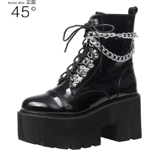 2021 Autumn and winter new European and American patent leather zipper platform round toe chain punk style wedges Martin boots