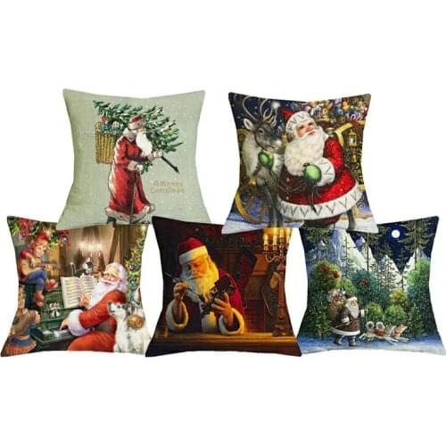 C06095 Oil Painting Santa Claus Print Decorative Pillowcases New Year Christmas Cushions Throw Pillows for Sofa Bed