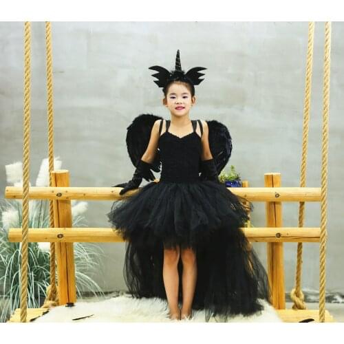 Halloween Black Devil New Style Unicorn Dress Girls Dress Tutu Angel Wings Headpin Sets Children Stage Performance Dresses Gifts