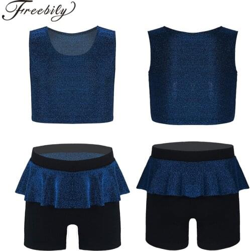 Kids Girls Ballet Dancewear Set Glittering Sports Suit Sleeveless Tank Crop Top With Shorts Children Workout Gymnastics Outfits
