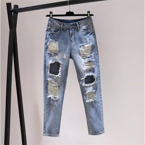 Korean Hole JeansWomen Spring Summer New Loose Bf High Waist Denim Pants Women Straight Nine Points Harem Cowboy Trousers W692