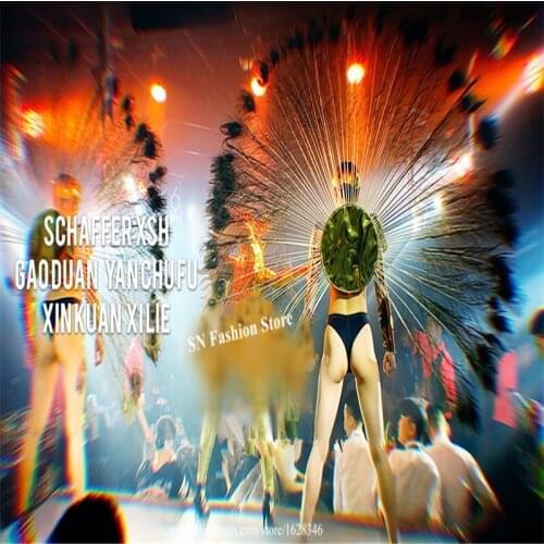 EC84 Gold mirror backplane stage performance wears feather big wings catwalk show dress outfits dance costumes party bar clothes
