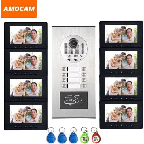 8 Units Apartment intercom system Video Door Phone Door Intercom HD Camera 7" Monitor video Doorbell 5-RFID Card for 8 Household