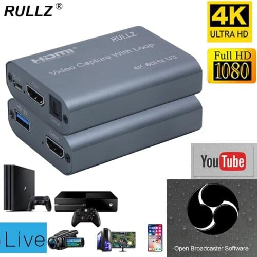 4K 60HZ Loop Out USB 3.0 Audio Video Capture Card 1080P 60fps HDMI Game Record Grabber Box for PS4 Camera Record Live Streaming