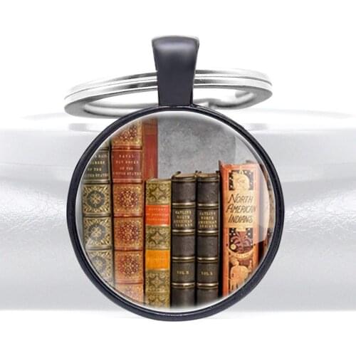 Classic Book Design Glass Cabochon Keychain Pendant Necklace Men Women Casual key Ring Jewelry Accessories Gifts
