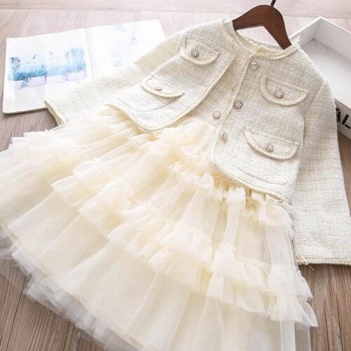 Girls fashion fall new jacket and party tutu cake dress 2pcs sets children elegant suits wholesale