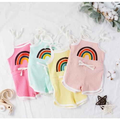 Girls Clothes Suit Toddler Baby Girl Sleeveless Halter Jumpsuit Ribbed Playsuit Rainbow Clothes Set Kids Clothing