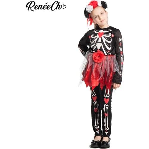 Reneecho Halloween Costume For Kids Girls Day Of The Dead Costume Child Flower Skeleton Costume Fancy Dress For 4-12 Years Old