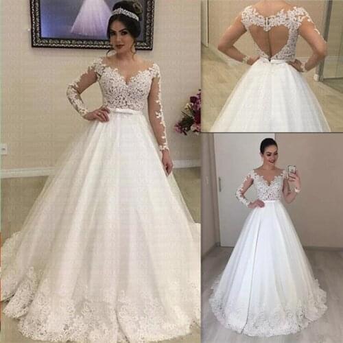 Appliques Long Sleeves Vestido De Noiva Amazing Open Back Lace Wedding Dress 2021 Bow Wedding Gown Bridal Dress
