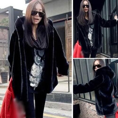 Women Warm Faux Fur Coat Jacket Black Fluffy Warm Hooded Outerwear Casual Long Sleeve Luxury Fur Plush Coats