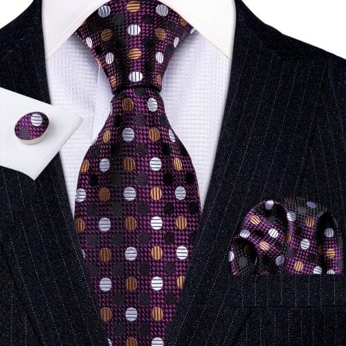 Fashion Luxury Purple Polka Dot 100% Silk Ties Gifts For Men Suit Wedding Barry.Wang NeckTies Hanky Sets Groom Business LN-5291