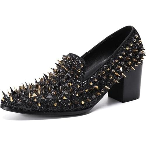 2021 New fashion men rivets dress shoes genuine leather pointed wedding Gentleman men high heels Black men Party Stage shoe