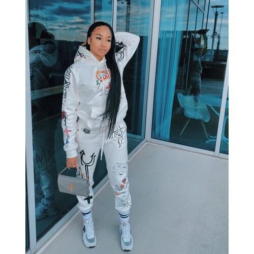Ueteey New Fashion Two-piece Sportswear Hooded Collar Print Two-piece Pants Set
