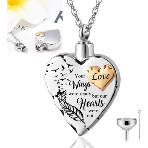 Feather Angel Wings Heart Urn Necklace Cremation Jewelry for Ashes Memorial Keepsake Pendant for Love Dad Mom Dog