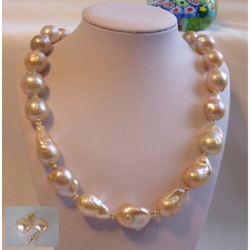 Genuine 15-17mm Baroque freshwater pearls necklace earring Pink shipping free