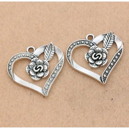 KJjewel Tibetan Silver Plated Flower Heart Charms Pendants for Earrings Bracelets Jewelry Making DIY Accessories 28x29mm