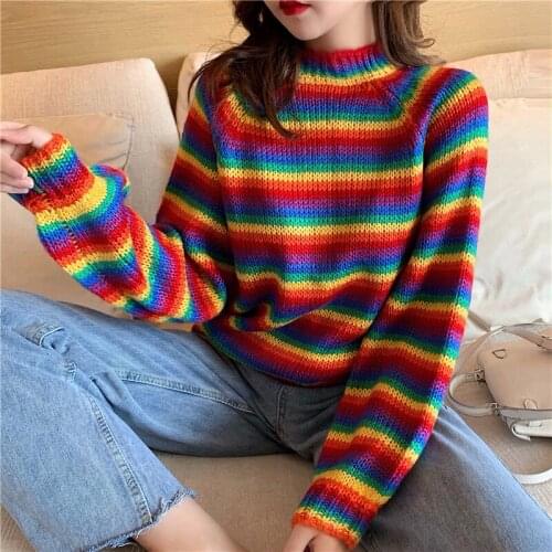 Rainbow Striped Pullover Womens Sweater O-Neck Loose Red Lazy Style Sweater Long Sleeve Korean Harajuku Casual Ladies Top