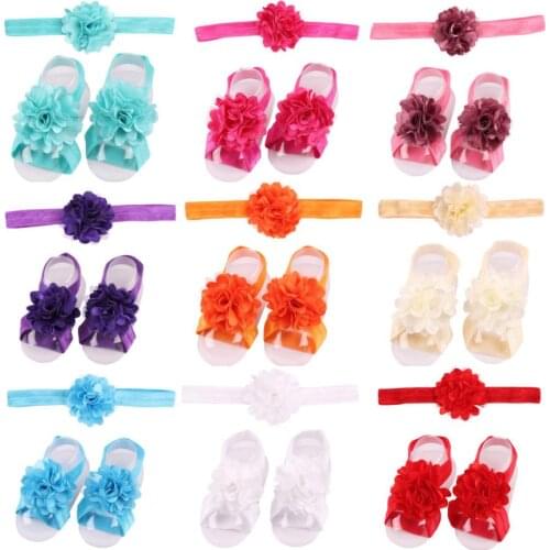 Cute Chic Satin Mesh Flower Baby Barefoot Sandals with Floral Headbands Kids Girls Photo Props Children Birthday Gift Sets