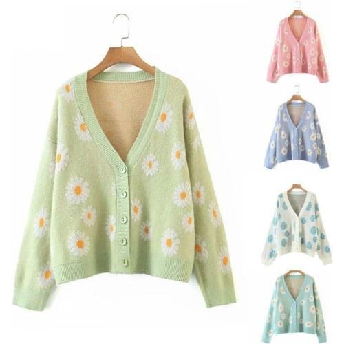 Spring Women Sweet Down Sweater Cardigan Loose Green Knitted Sweaters Women Casual Long Sleeve V Neck Floral Outerwear Sweaters