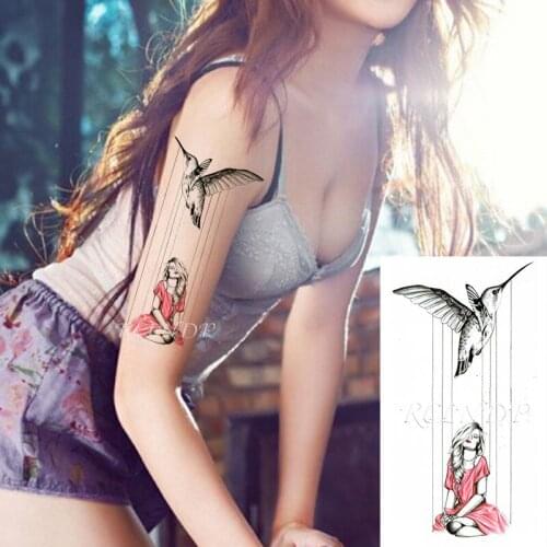 Waterproof Temporary Tattoo Sticker Hummingbird Bird Sexy Red -skirt Girl Line Element Fake Tatoo Flash Tatto for Women Men girl