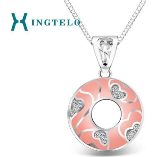 XINGTELO Round Pendant Pink Enamel White Crystal Pendant Chain for Women Engagement Jewelry 925 Sterling Silver Accessories