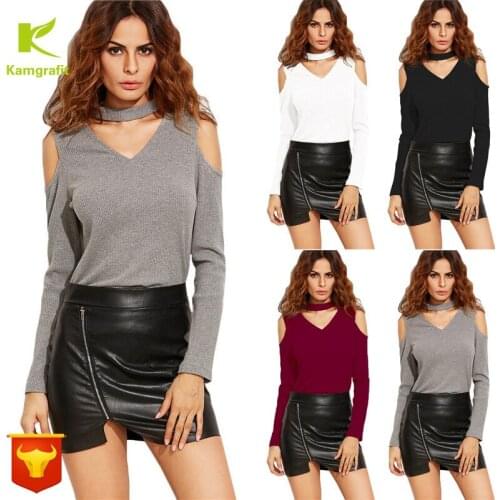 Full-blown sexy fashion V-neck shoulder out plus size T-shirt 4 colours 5 yards korean streetwear long sleeve shirt women QP050