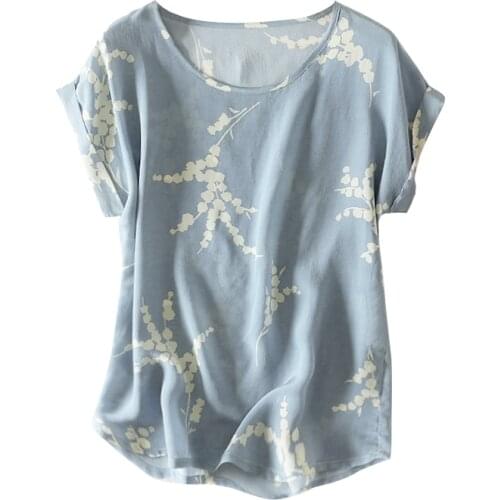 Women Summer Silk Blouse O neck Short sleeve office OL casual natural silk blouses Striped real silk basic summer shirt tops