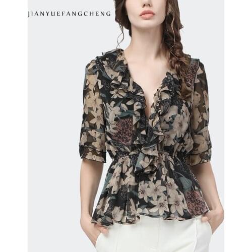 Fashion Chiffon Flowers Printed Women Summer Blouse Elastic Waist Half Sleeve V-Neck Tops With Ruffle 2021 New Ladies Casual Top