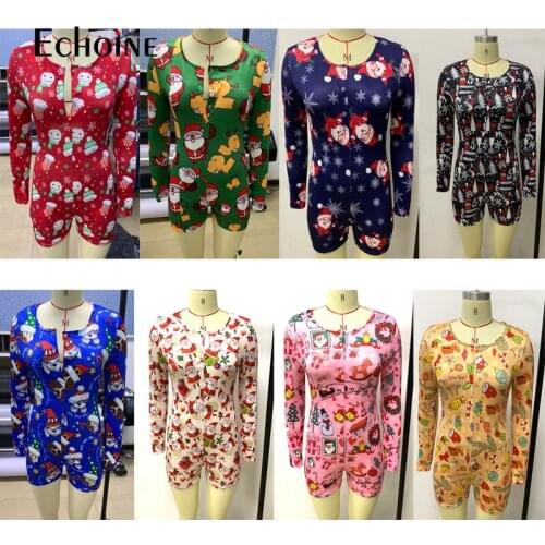 Echoine 2020 Sexy Womens Jumpsuit Sleepwear Fashion Christmas Long sleeve V Neck Bodycon Onesies Bodysuit Romper Shorts Pants