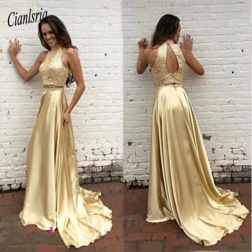 Gold Beaded Two Piece Prom Dress High Neck With Keyhole Back Formal Women Robe De Soiree Longue Party Gowns