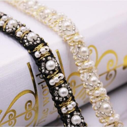 5Yards Handmade Pearl Gold Lace Beads Braided Ribbon For Sewing Home Textile Headwear Accessories Wedding Bridal Lace Dentelle