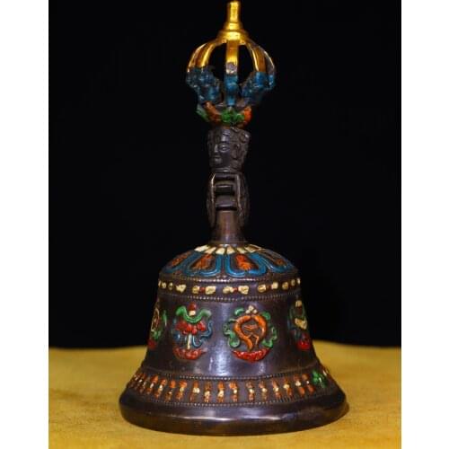 7"Tibet Buddhism Old Bronze Gilt Tracing Buddhism Hand bell Rattle Bells Dharma Town House Exorcism