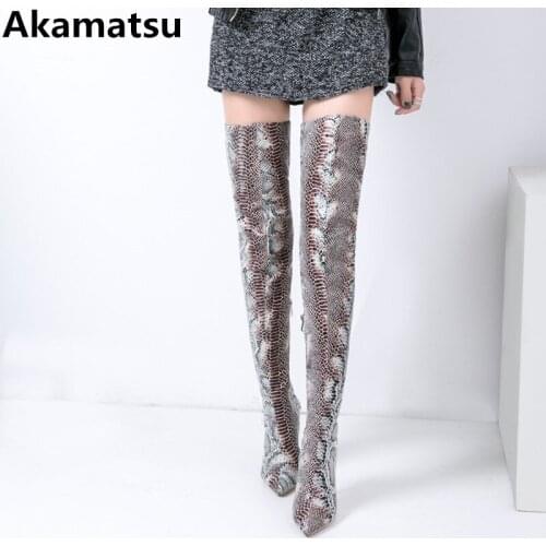 Akamatsu brand luxury bota feminina python skin crotch leather thigh high heel long booties pointed toe overknee boots woman