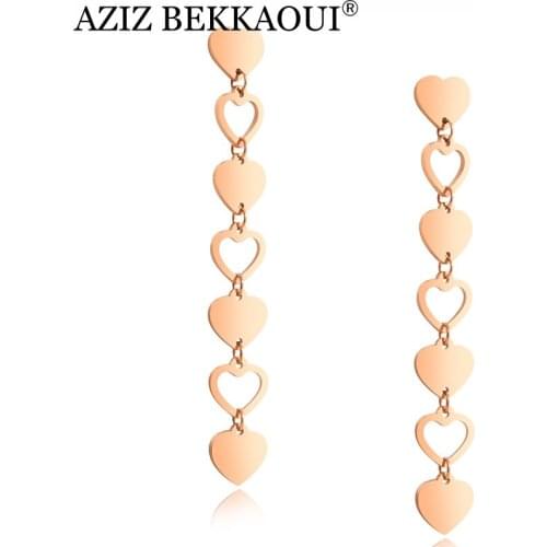 AZIZ BEKKAOUI Long Drop Earrings for Women Rose Gold Heart Stainless Steel Earrings Fashion Party Earrings Women Ear Jewelry