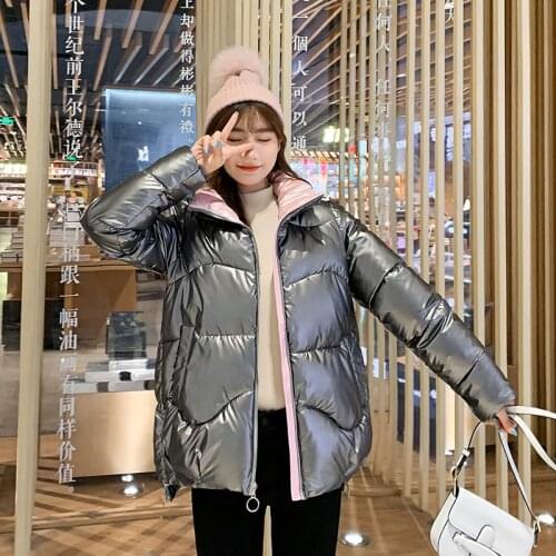 Shiny Puffer Coat Solid Womens Plus Size Stand Collar Long Sleeve Ladies Winter Jackets Cotton Liner Zipper Pockets Female