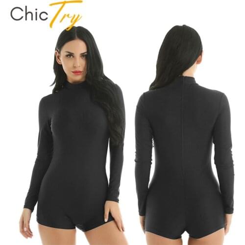 ChicTry Solid Color Mock Neck Long Sleeve Adult Ballet Gymnastics Leotard Women Stretchy Bodysuit Gym Unitards Sports Dance Wear