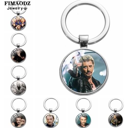FIMAODZ Johnny Hallyday Keychain Famous Rock Singer Glass Cabochon Silver Key Chain Ring for Men Women Fans Gift
